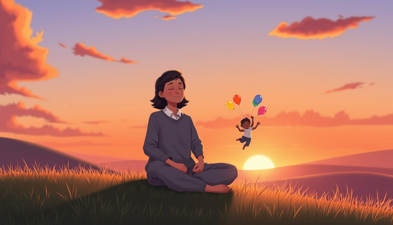 A person sitting quietly on a hillside at dusk, at ease with their younger self pictured nearby