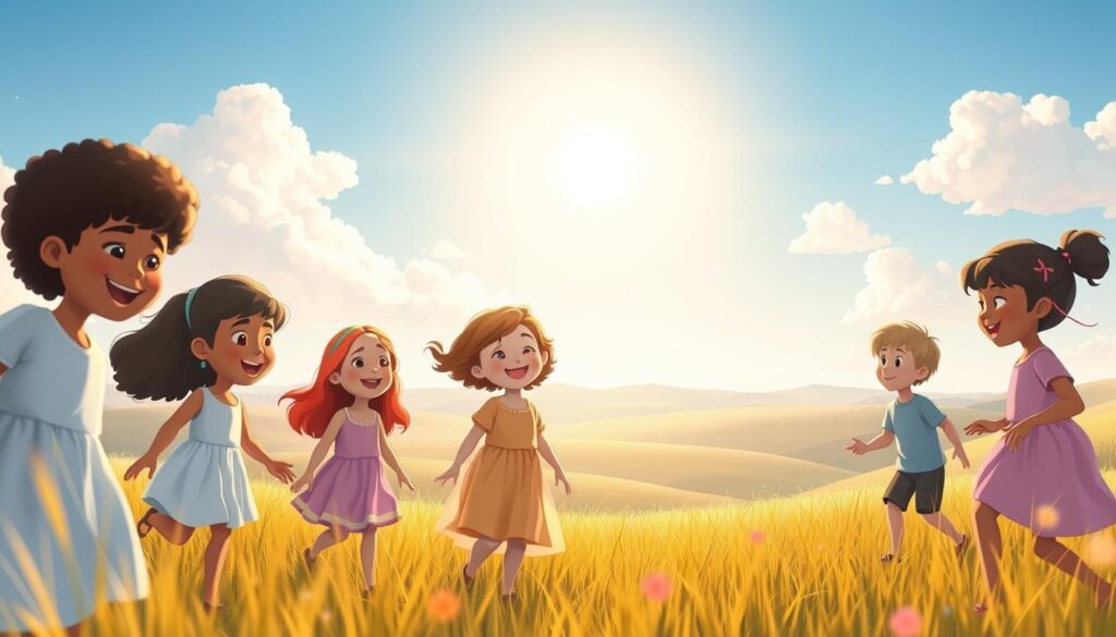 A serene and whimsical scene that embodies the "inner child" concept. In the foreground, a diverse group of children, aged 5-10, joyfully playing together in a sunlit meadow, their faces radiating pure happiness and innocence. The middle ground features a gentle, wise figure resembling a guardian spirit, softly guiding the children, dressed in flowing, pastel-colored robes and surrounded by a warm, glowing aura. In the background, a beautiful landscape of rolling hills under a clear blue sky, with fluffy white clouds drifting by. Soft, golden sunlight bathes the entire scene, creating an uplifting and hopeful atmosphere. The composition should evoke feelings of warmth, healing, and freedom, with a focus on emotional connection and joy. Captured with a wide-angle lens to encompass the richness of the scene. nextself.ai A serene and whimsical scene that embodies the "inner child" concept. In the foreground, a diverse group of children, aged 5-10, joyfully playing together in a sunlit meadow, their faces radiating pure happiness and innocence. The middle ground features a gentle, wise figure resembling a guardian spirit, softly guiding the children, dressed in flowing, pastel-colored robes and surrounded by a warm, glowing aura. In the background, a beautiful landscape of rolling hills under a clear blue sky, with fluffy white clouds drifting by. Soft, golden sunlight bathes the entire scene, creating an uplifting and hopeful atmosphere. The composition should evoke feelings of warmth, healing, and freedom, with a focus on emotional connection and joy. Captured with a wide-angle lens to encompass the richness of the scene. nextself.ai