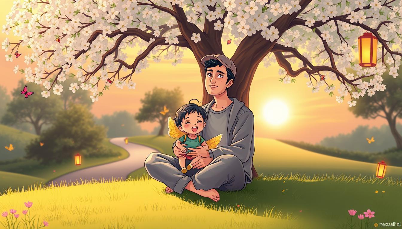 An adult and their inner child resting together under a blossoming tree at golden hour